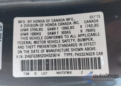 2013 Honda Civic Lx z USA, uszkodzony, nr VIN 2HGFG3B52DH525614